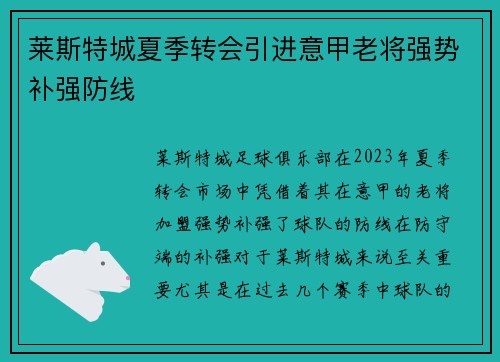 莱斯特城夏季转会引进意甲老将强势补强防线